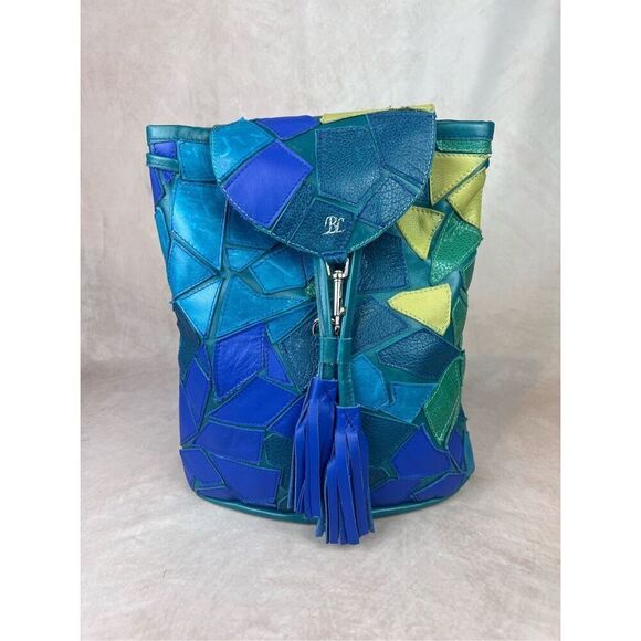 Vintage Style Leather Backpack Blue Mosaic Handmade - Picture 1 of 9